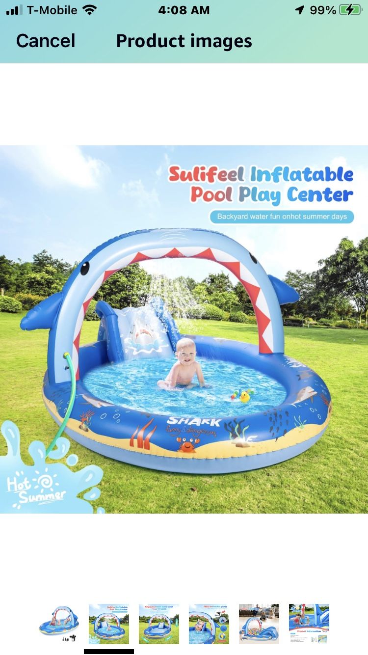 SULIFEEL Shark Inflatable Play Center Kiddie Pool with Slide and Sprinkler for Children, 8ft x 5ft x 9.5in baby pool for backyard and Garden, Free inf