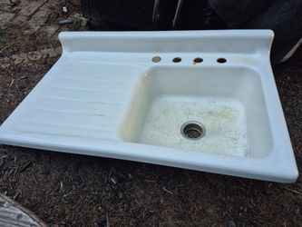 Vintage Cast Iron Porcelain Kitchen Sink with Drainboard