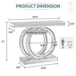 🥨Silver Mirrored Console Table with Crushed Diamond Inlay, 39.4'' Long Entryway Sofa Table, Double O-Shaped Base Modern Accent Narrow Table 