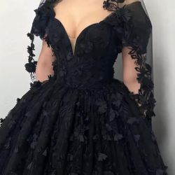 Corseted Black Lace Ball Gown with Flowers