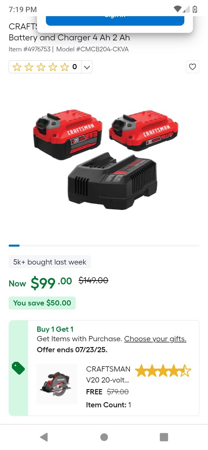Craftsman 20v 4.0ah And 2.0ah 2 battery And Charger Kit