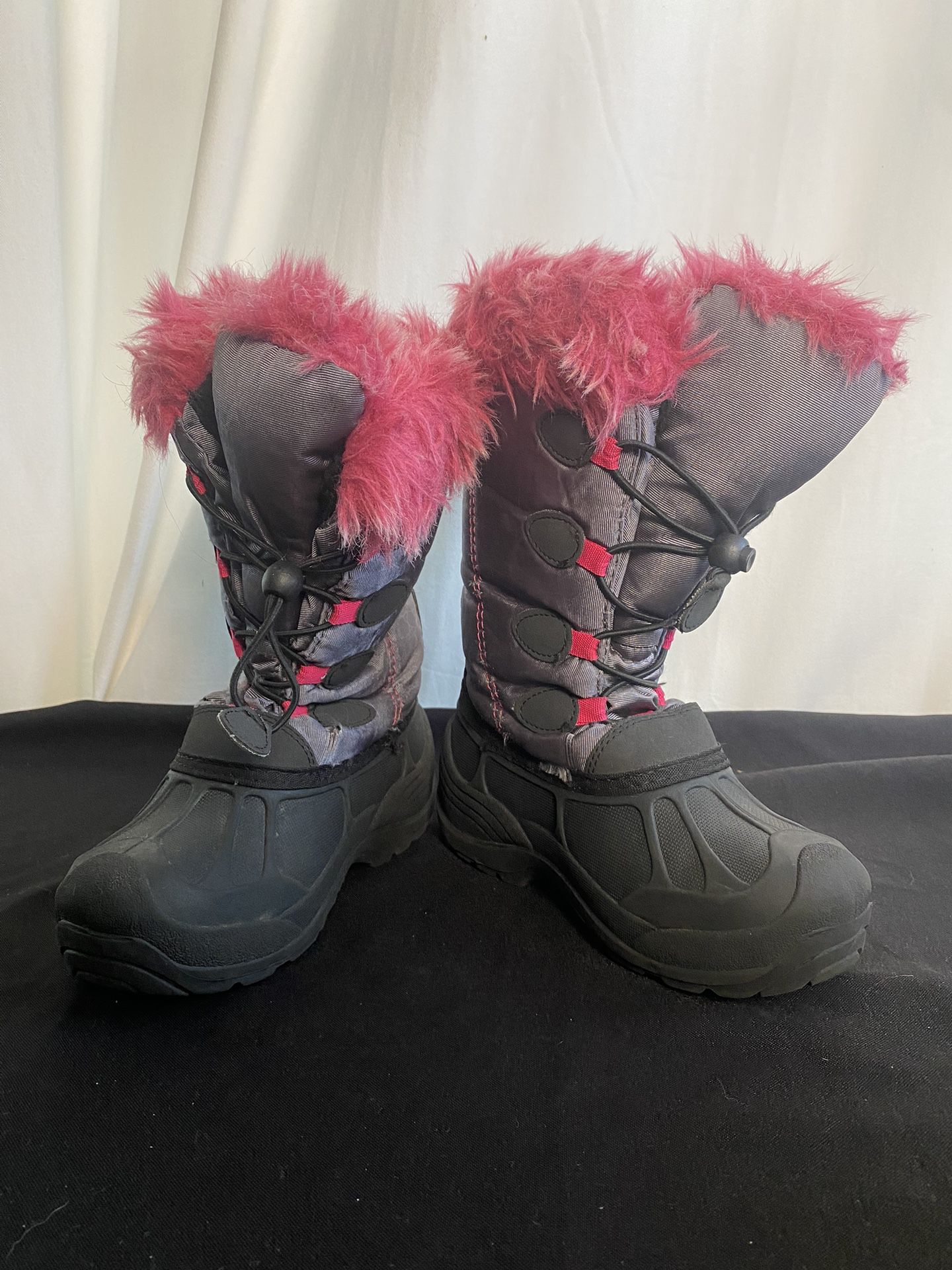 IC3FACE Girls Size 2 Kids Gray Pink Faux Fur Lined Winter Waterproof Snow Rain Boots Insulated Hightop w/ Pull Strap Laces
