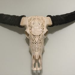 Balinese Hand-Carved Ganesha Longhorn Skull – Spiritual Wall Art