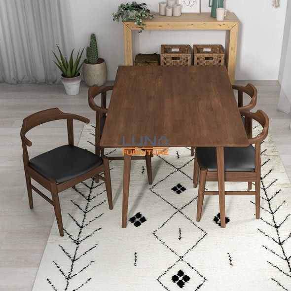 Adira Walnut Small Dining Set with 4 Zola Black Leather Chairs

