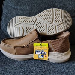 Skechers Men's 7.5 Relaxed Fit Shoes Brown Leather Hands Free Slip-ins Parson