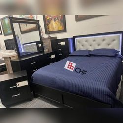 4 Pc LED Light Queen or king bedroom set (Includes bed frame , Dresser with mirror and one nightstand )