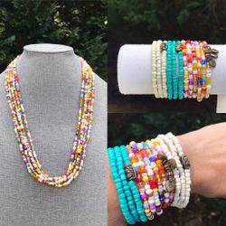 Colored Necklace, Beaded Necklace, Handmade Necklace, Stretch Wrapping Stackable Bracelet, Turquoise, White, colored Bracelets ,Gift for Mom
