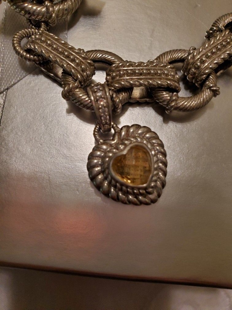 Judith Ripka Signed 925 Silver Real Citrine Heart Charm and Real Bezel Set Citrine Toggle Close Bracelet