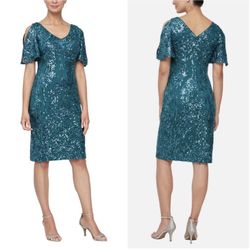 Alex Evenings Short V Neckline Sheath Dress with Cold-Shoulder Flutter Sleeves Size 18