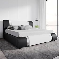 Modern Faux Leather King Bed Frame with Adjustable Headboard and Iron Accents