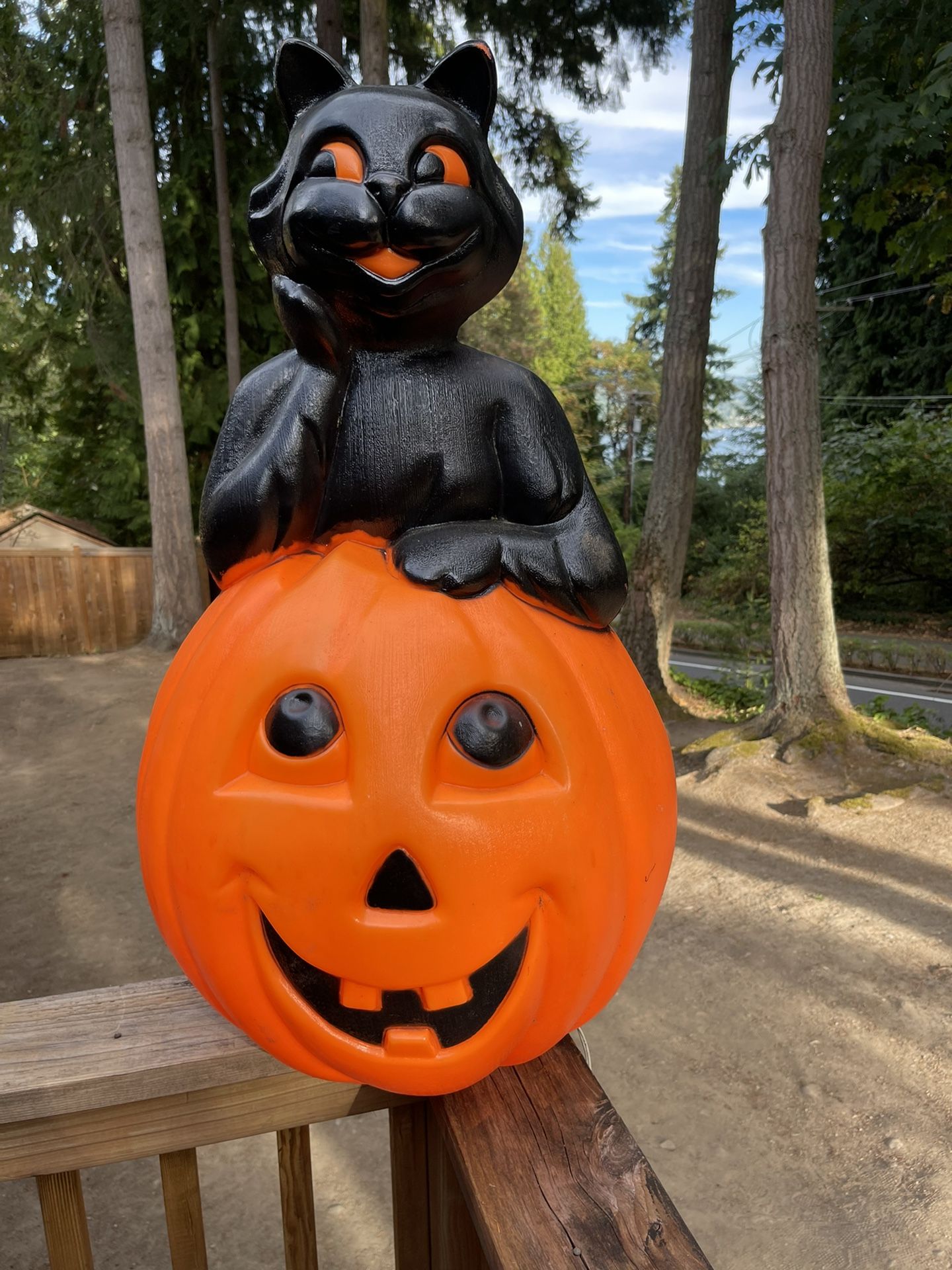 Vintage Halloween blow mold Black cat in pumpkin 34 inches tall