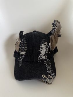 Distressed Black Denim Baseball Cap with Metal Rings