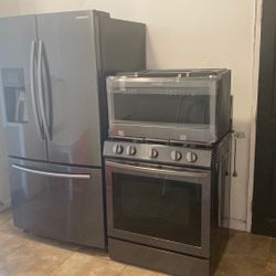 Microwave, Stove, Refrigerator.