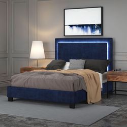 Platform Bed With Velvet Upholstery & LED Light In Headboard, Blue & Grey Color, Queen & King Sizes Available, Bedroom, Home 