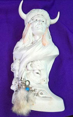 Vintage Native American Indian Warrior Ceramic with buffalo headdress and decorative elements. 11 1/2 Inches Tall J3D011