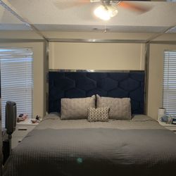 King Size Navy Blue Suede Canopy Bed Frame