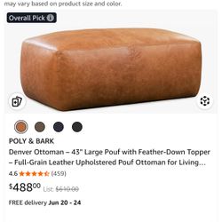 Poly & Bark Denver Ottoman – 43" Large Pouf with Feather-Down Topper – Full-Grain Leather Upholstered Pouf Ottoman for Living Room – Vintage Italian L