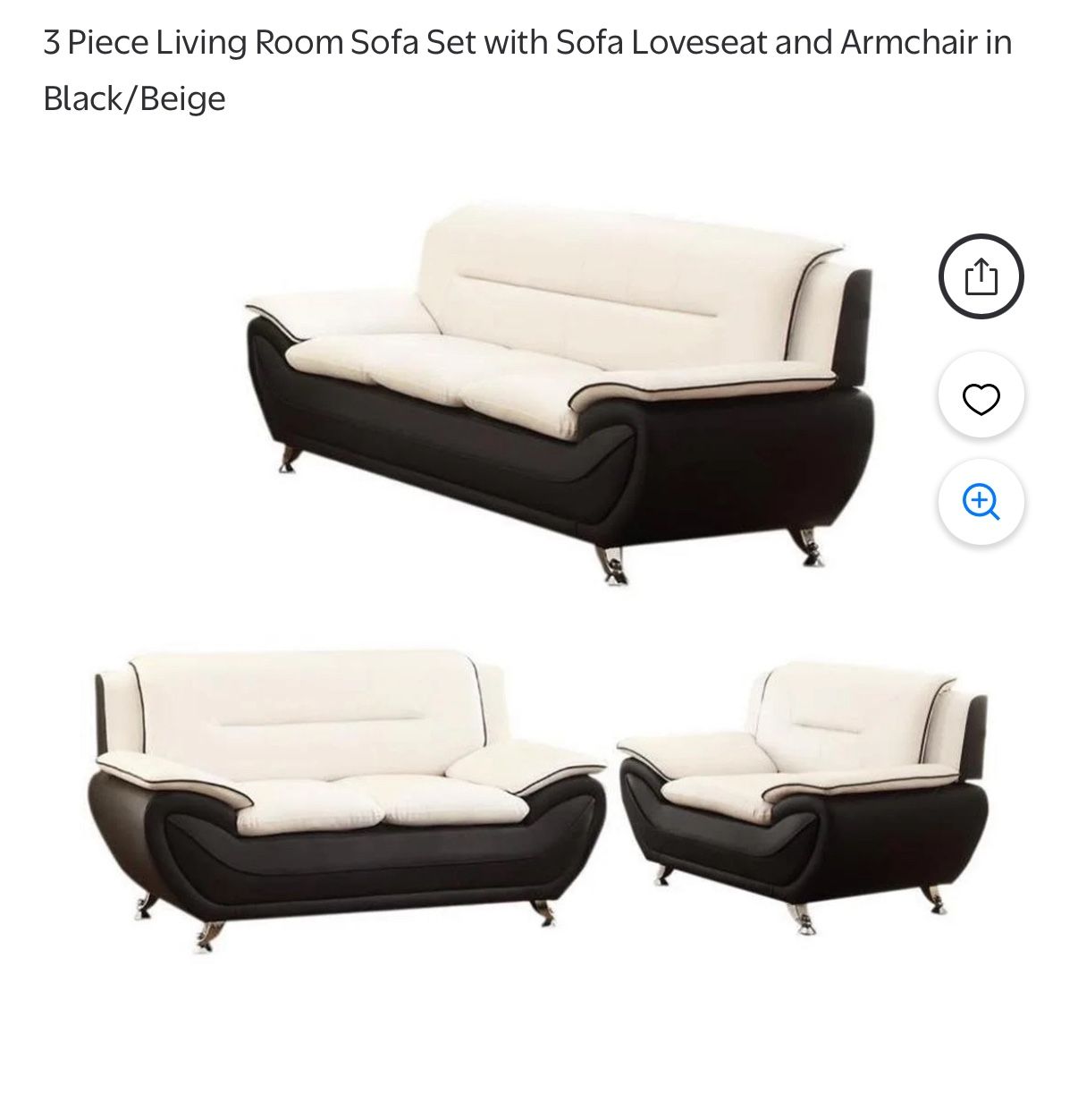 3 Piece Living Room Sofa Set with Sofa Loveseat and Armchair in Black/Beige