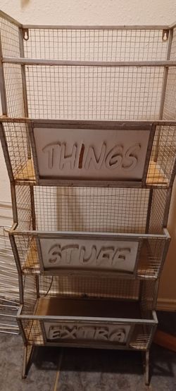 3-tier metal storage rack with labeled sections: THINGS, STUFF, EXTRA