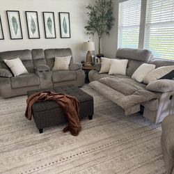 3 Pieces -Electric High Back Grey/Brown Power Reclining Couch Sofa And Power Reclining Loveseat And Rocking Chair