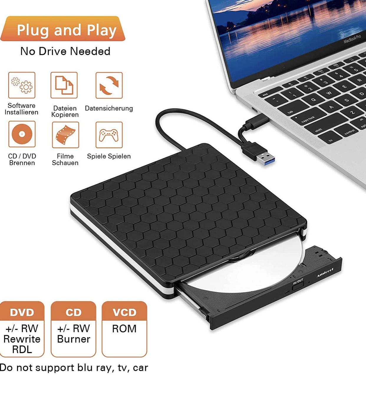 External DVD Drive, Amicool USB 3.0 TypeC CD DVD +/RW Optical Drive USB C Burner Slim CD/DVD