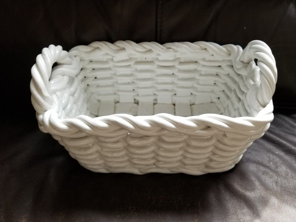 Vintage white woven ceramic basket made in Italy