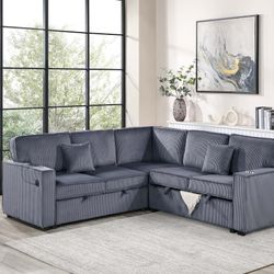 Brand New 90"×90"  Gray Corduroy Sectional With Sofa Bed