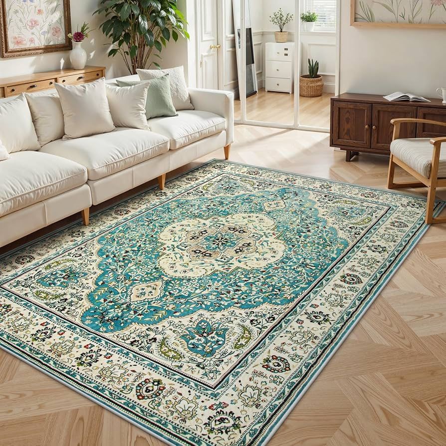 Floral Medallion Area Rug - 5x7 Large Distressed Living Room Rug, Soft Non-Slip Washable Low-Pile Bedroom Mat Floor Accent Carpet for Entryway Dining