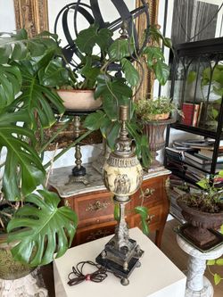 Antique Neoclassical Revival Lamp – Marble Base & Classical Globe, 42”