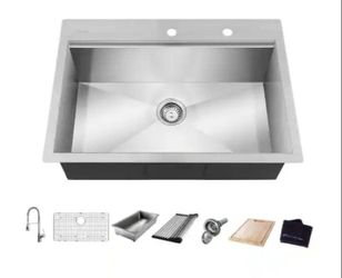 Glacier Bay Zero Radius 30 in. Drop-In Single Bowl 18 Gauge Stainless Steel Workstation Kitchen Sink with Spring Neck Faucet