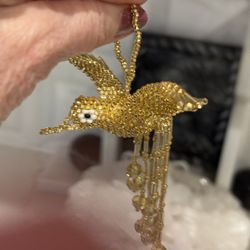 Gold beaded hummingbird with bead and crystals tail  2.5 inches - exquisite!