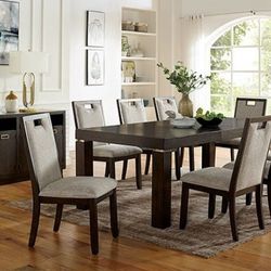 Brand New Dark Walnut Beige 9pc Dining Table Set 