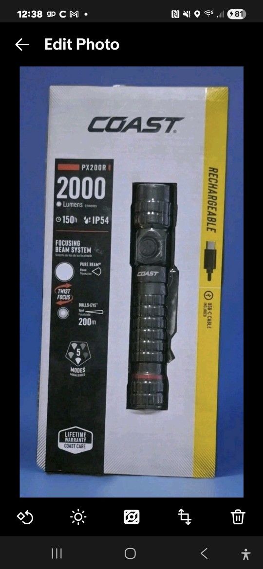 COAST # PX200R - 2000 Lumens USB-C Rechargeable Focusing Beam System / NEW
