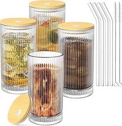 16 OZ Glass Cups with Lids and Straws, Vintage Ribbed Coffee Cups Drinking Glasses