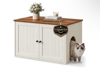 HOME Toolless Assembly Litter Box Enclosure, Cat House Cat Washroom Furniture, Double Doors, Rustic White and Honey Brown, HOPU Collection UPCL233WJ04