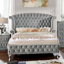 Brand New Glam Gray Velvet Queen Size Bed Frame
