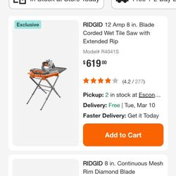 Ridgid R4041s 8" Wet Tile Saw With Tray And Metal Stand