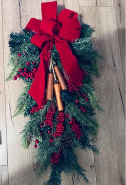 Christmas Bell Teardop Wreath. Indoor/Outdoor. With Sleigh Bells/Pine/Berries/ & Red Bow. Includes Wreath Hanger. 31” Long x 16” Wide