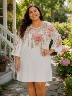 Women's XL Floral Tunic Dress White Pink Rose Print 3/4 Sleeve