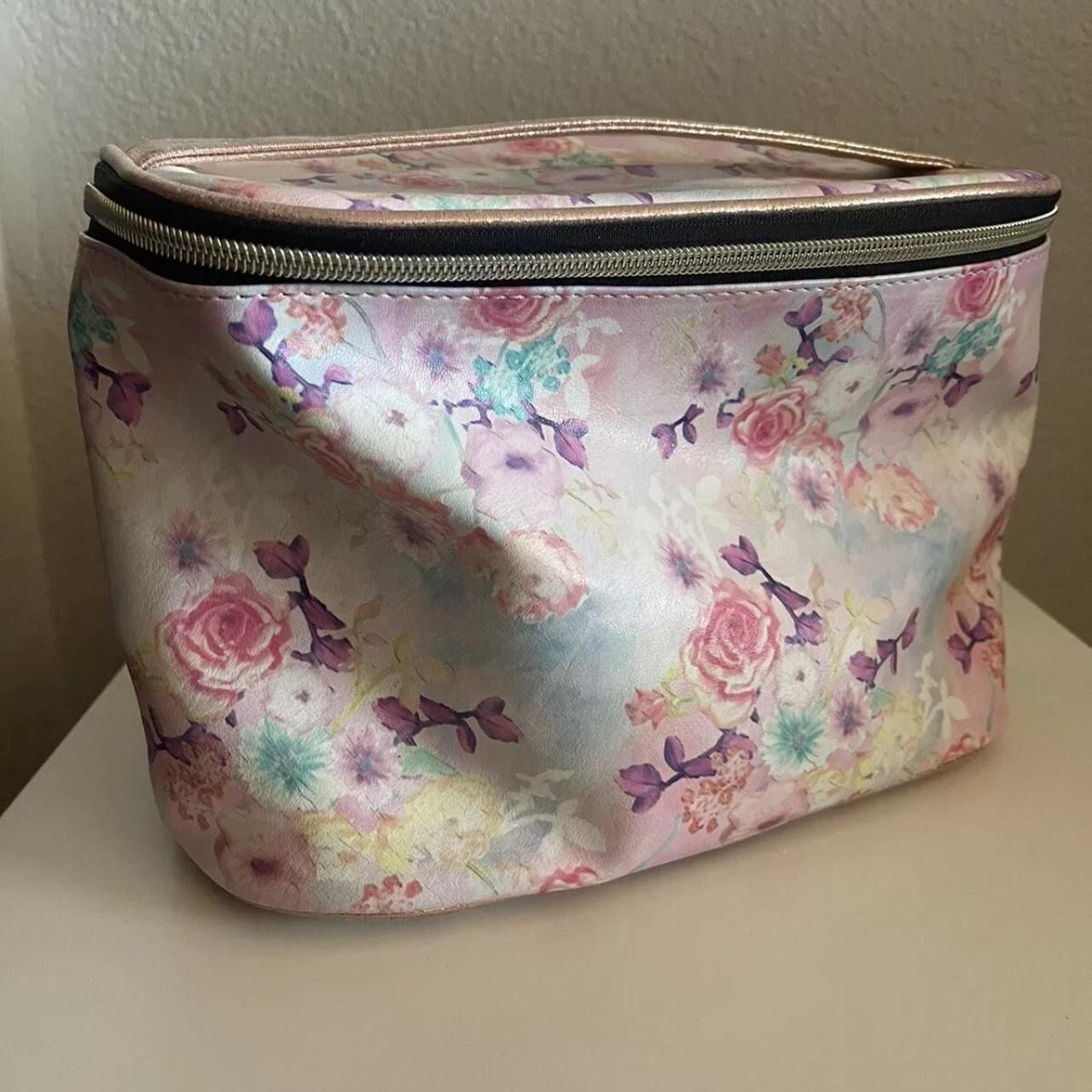 Women’s Pink Floral Print Cosmetic Travel Makeup Bag  Zip Closure, Size 10x5x 7
