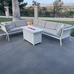 Outdoor Sunbrella Couch Set with Fire Table