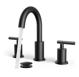 Black Bathroom Faucet 3 Hole, 8 Inch Matte Black Bathroom Sink Faucet Widespread with 360° Swivel Spout, Suitable for 6-12 Inch Vanity Sink, with Pop-