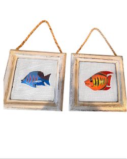Set 2 Tropical Fish Wall Hanging Art Mesh Rope Nautical Coastal