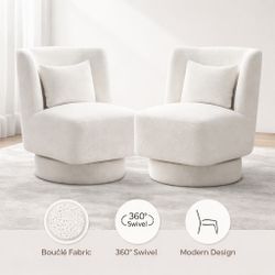 Set Of 2 Ivory Boucle Modern Armless Swivel Accent Chairs [NEW] **Assembly Req** 