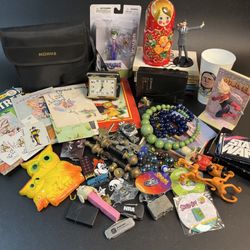 Junk Drawer Lot Vtg Pin Marbles Comics Zippo  Cards Binoculars Watch