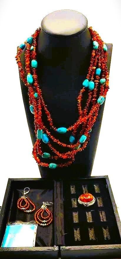 925 Sterling Silver 3pc Parure 5 Strand Baltic Amber & Turquoise Chunk Necklace Earrings & Ring