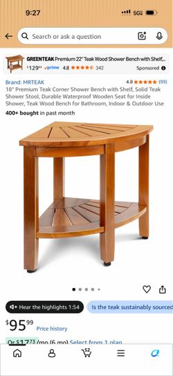 MRTEAK 18" Premium Teak Corner Shower Bench with Shelf, Solid Teak Shower Stool,
