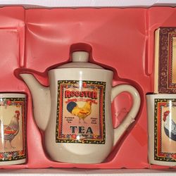 Ceramic Tea Pot & Cups Rooster