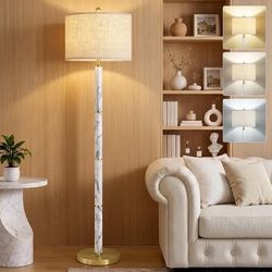 63 Inch Marble Floor Lamp, 3 Color Temperatures LED Standing Lamp with Linen Shade, Gold Base