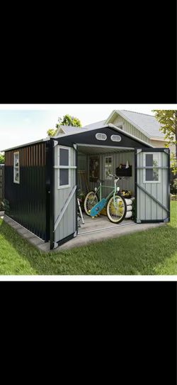 8 ft. W x 8 ft. D Metal Outdoor Storage Shed with 4-Daylight Windows Lockable Doors, Dark Gray
